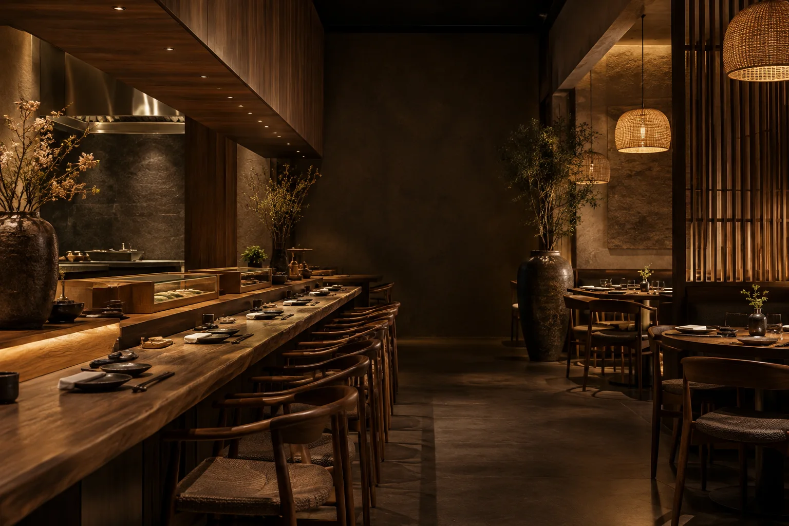 KI-Konzeptbild eines Restaurants mit dunkler Holztheke und warmem Licht, kein Foto von Minh Anh