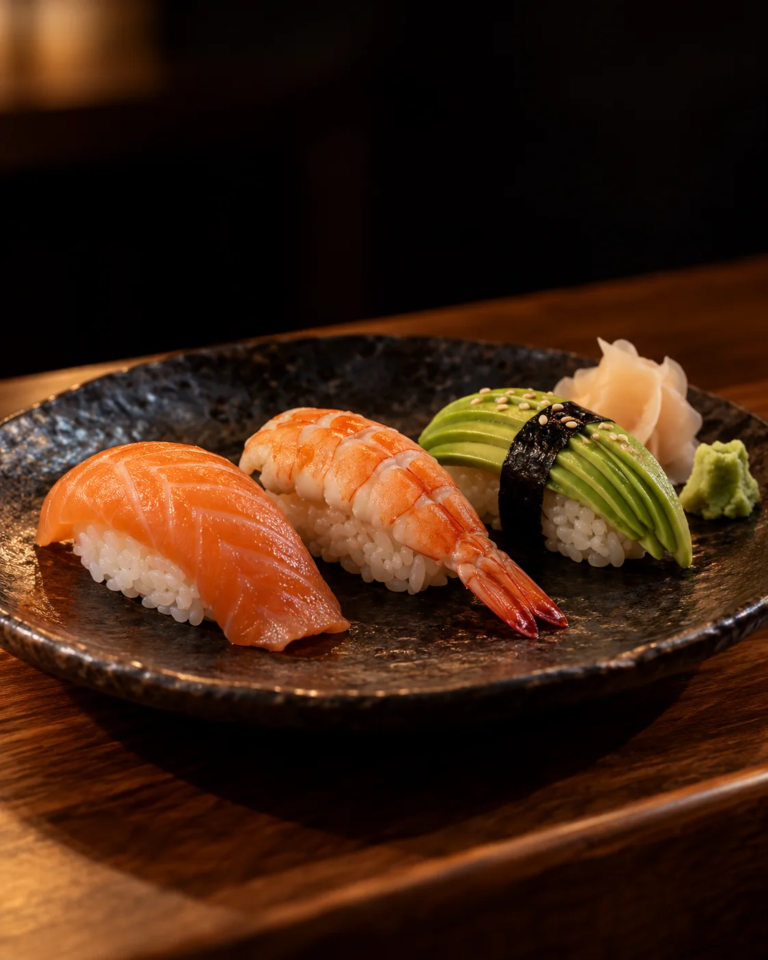 Drei Nigiri mit Lachs, Garnele und Avocado auf dunkler Keramik – KI-generiertes Bild