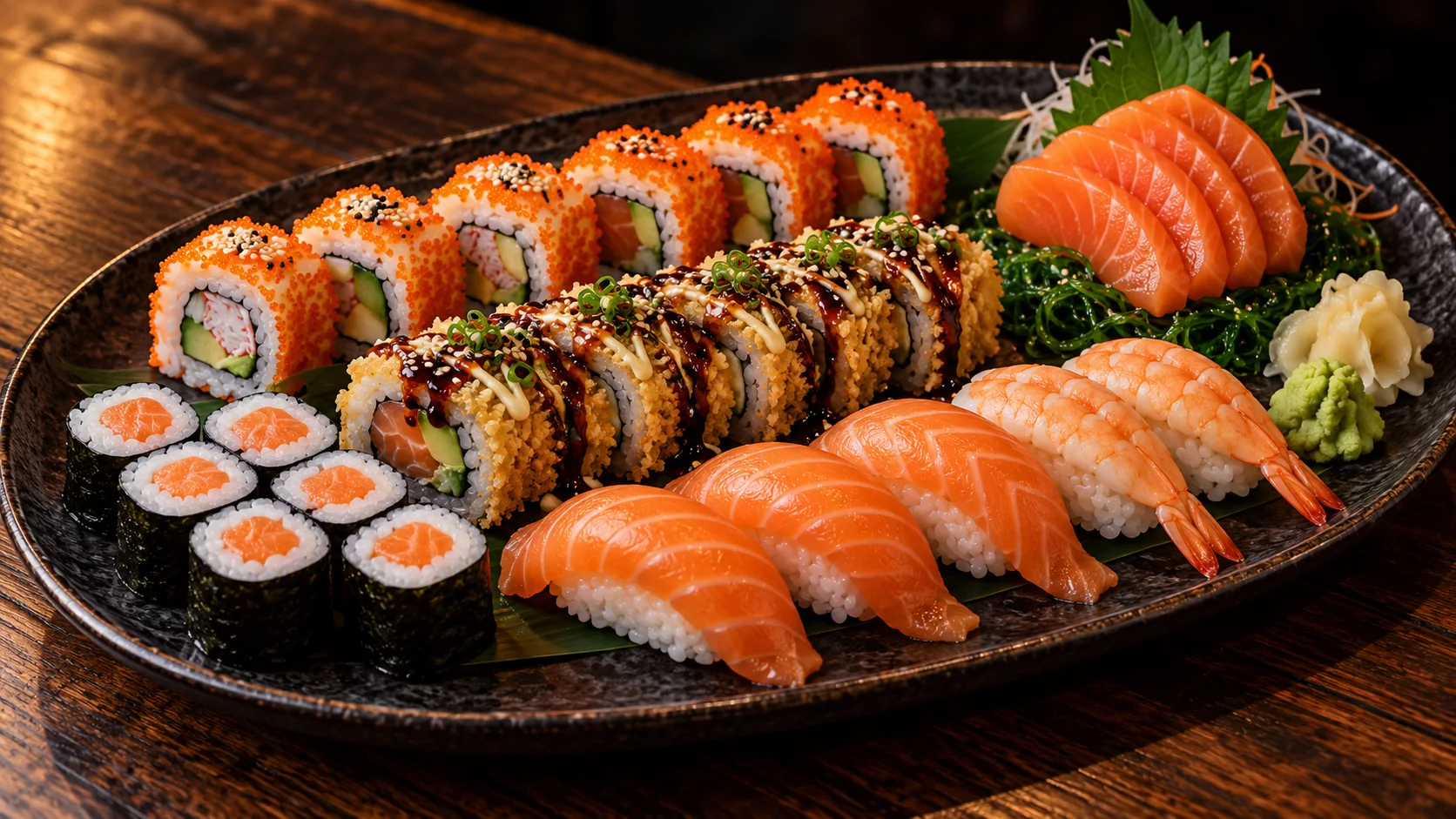 Sushi-Platte mit Inside-Out-Rolls, Crunchy Rolls, Lachs-Maki, Nigiri und Lachs-Sashimi – KI-generiertes Bild